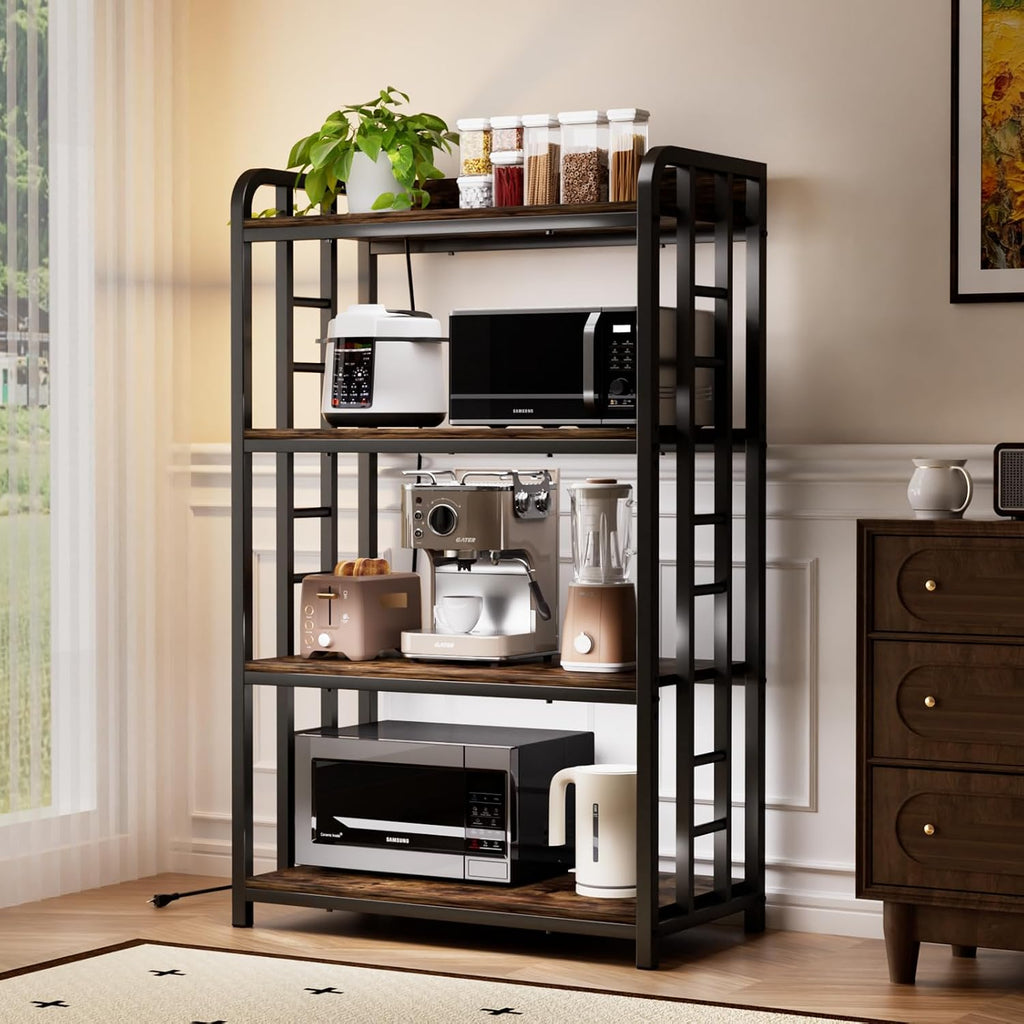 4 Tier Bakers Rack for Kitchens, Adjustable Microwave Stand with Storage, Metal Storage Shelves for Dinning Room Coffee Bar, Rustic Brown