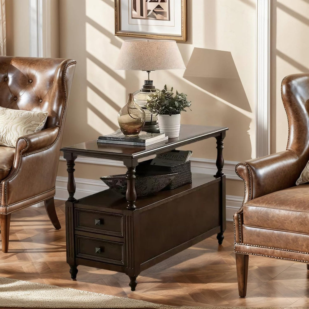 YUNMUARY-Solid Wood End Table with 2 Drawer Mid-Century Nightstand Narrow Sid...