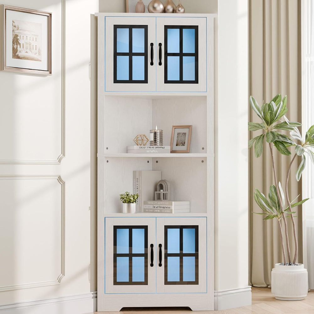 Corner Cabinet with Glass Doors and LED Lights, 67" Tall Corner Pantry C...