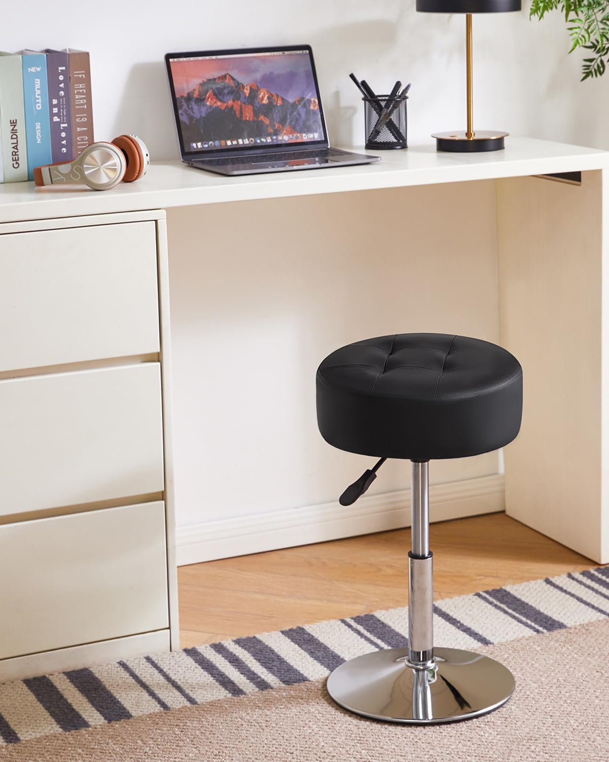 IBUYKE Height Adjustable 360°Swivel Vanity Stool Chair, Black WBD025B | Tufted Round Makeup Room Faux Leather Bathroom Living Room Modern Ottoman