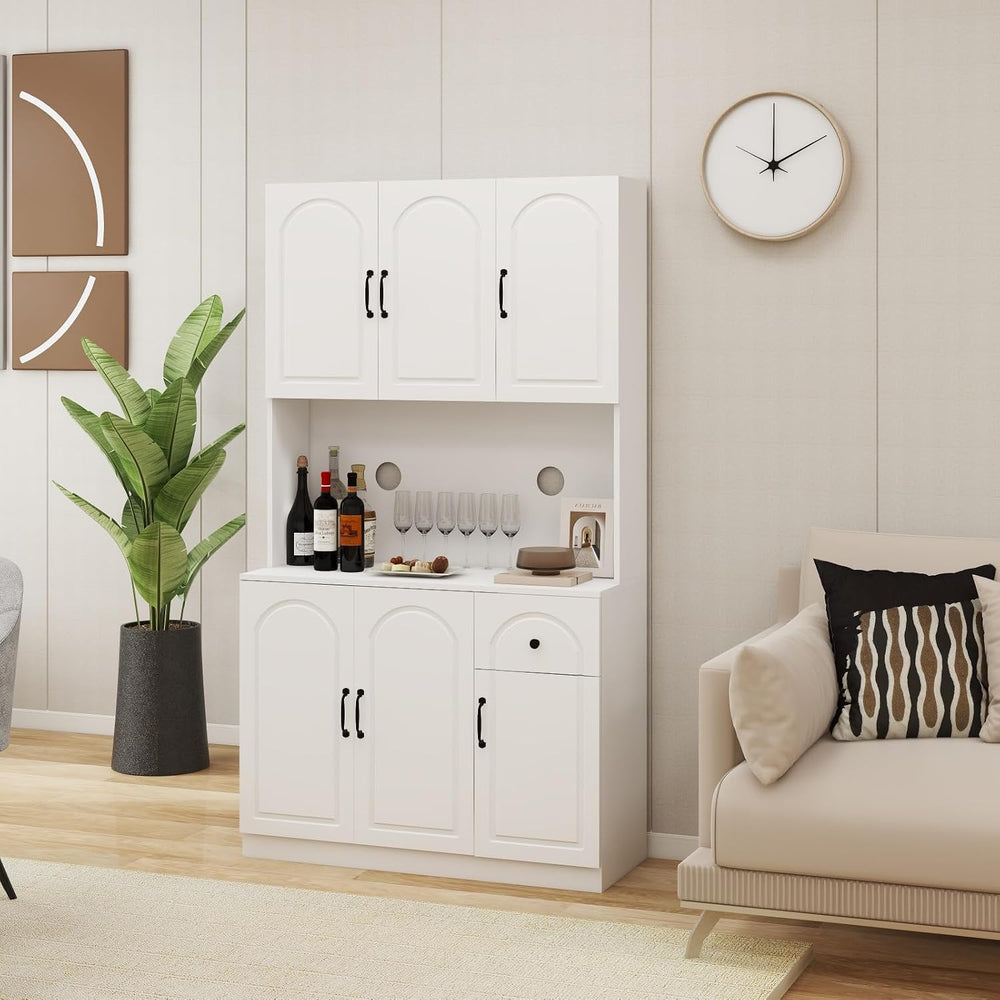 White 71" Kitchen Pantry Storage Cabinet, Freestanding Floor Hutch Cabin...