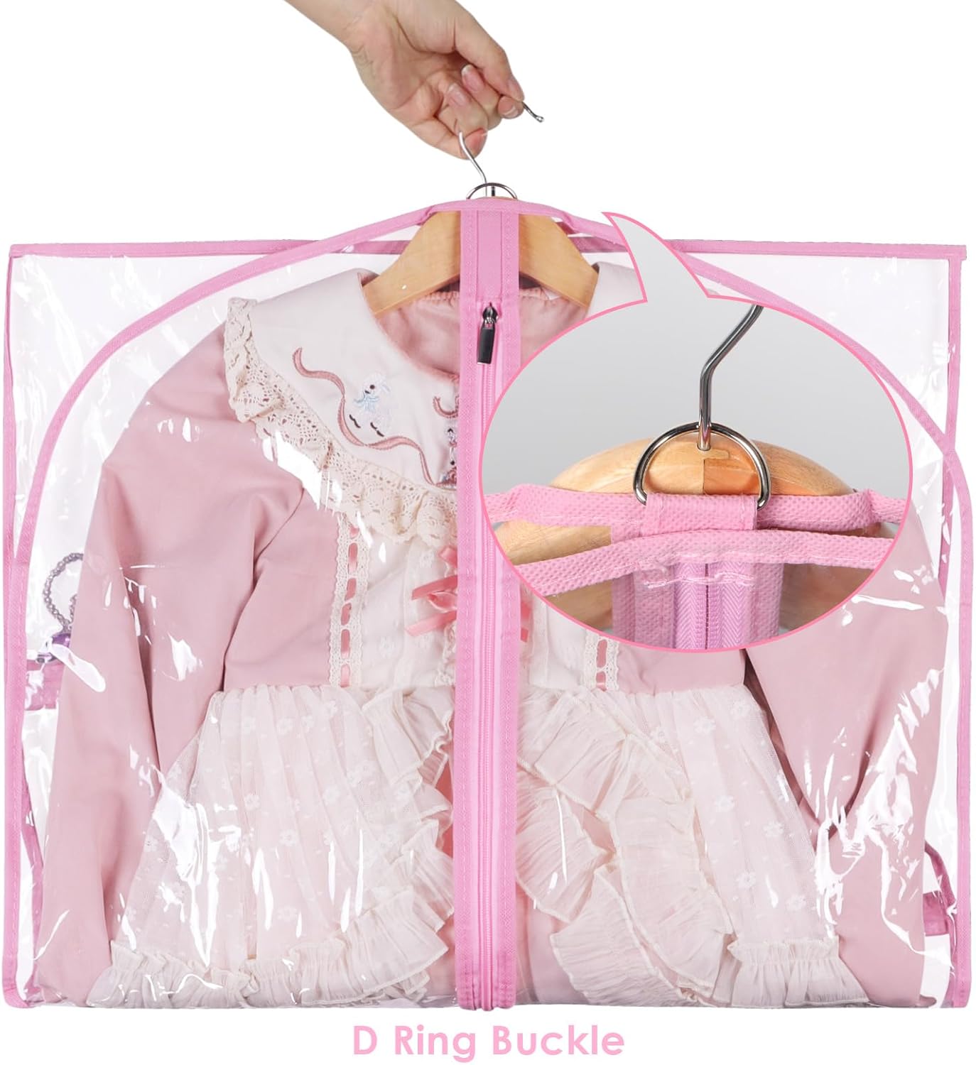 Clear Garment Bags for Dance Costumes, 40” Dance Garment Bags for Dancers, Kids Garment Bag for Dance Competitions with 3 Zipper Pockets, Garment Bags for Hanging Clothes, 6 Pack, Pink