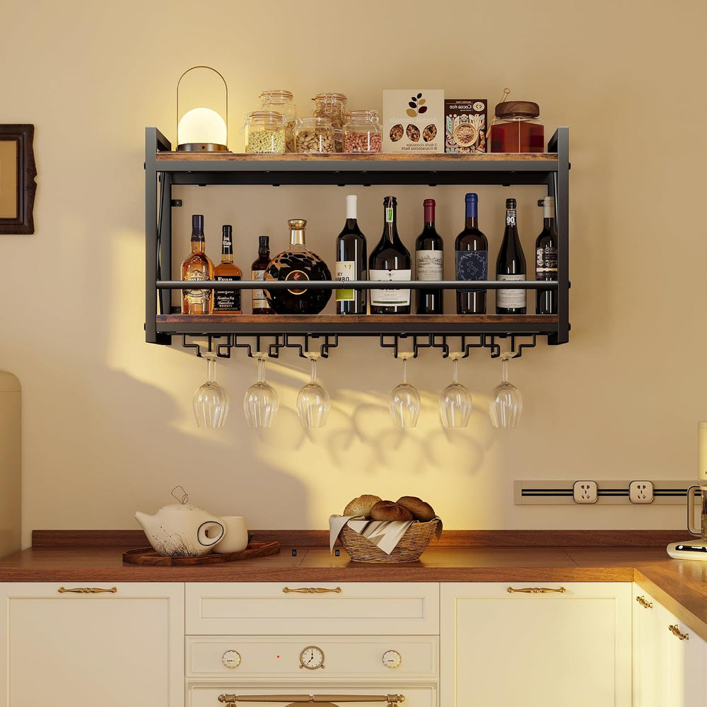 Homeiju Wall Mounted Wine Rack, Bottle & Glass Holder Wood-Metal Retro Wi...