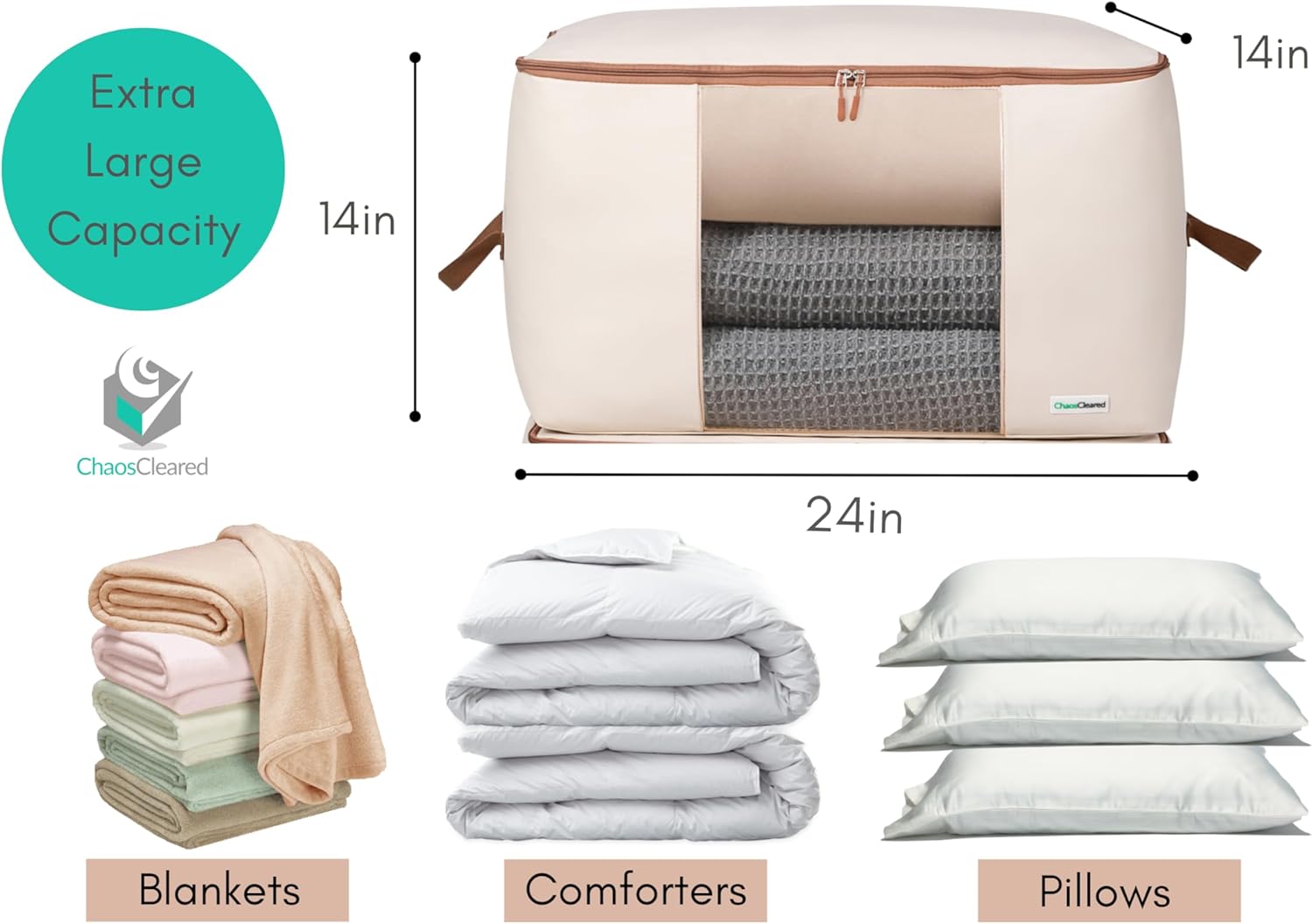 Canvas Comforter Storage Bags 2 Pack Folding Organizer bag for King/Queen Comforters, Pillows, Blankets, Bedding/Quilt, Blanket, Duvet, Mothproof Space Saver; Large Collapsible Organizers, 24"x14"x14"