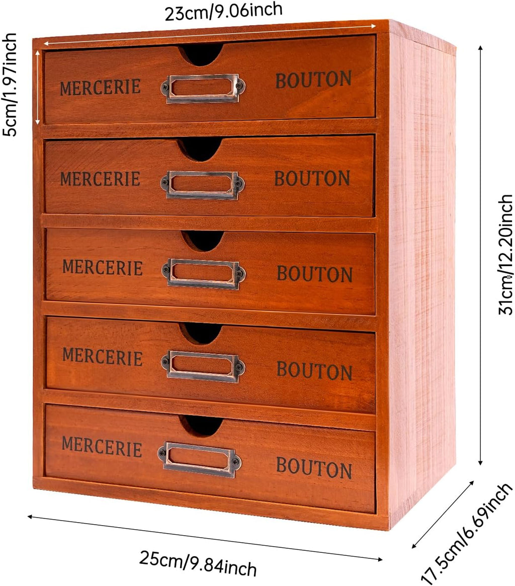 Vintage 5-Drawer Wooden Desk Organizer, Apothecary Cabinet & Library Card Catalog Storage Box, Rustic Freestanding Desktop Organizer for Stationery Crafts Jewelry Office Home Supplies (Brown)