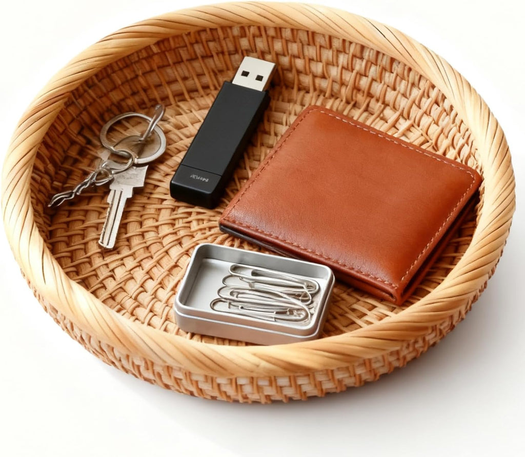 Handwoven Rattan Small Key Bowl - 7.6 Inch Round Catch All Tray for Keys,Coins, Wallet, Jewelry - Natural Wicker Organizer for Entryway, Desk, Nightstand