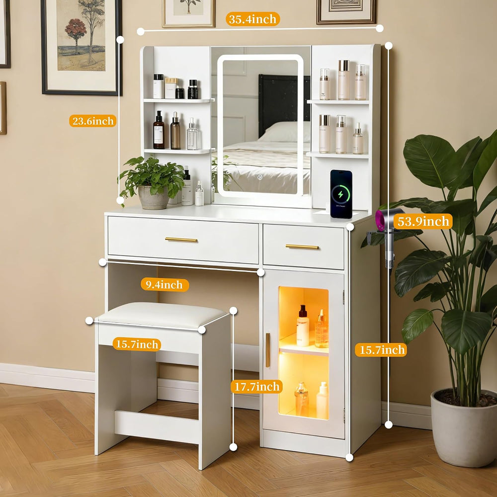 White LED Vanity Table with Three-Color Adjustable Light HD Mirror, USB Charg...