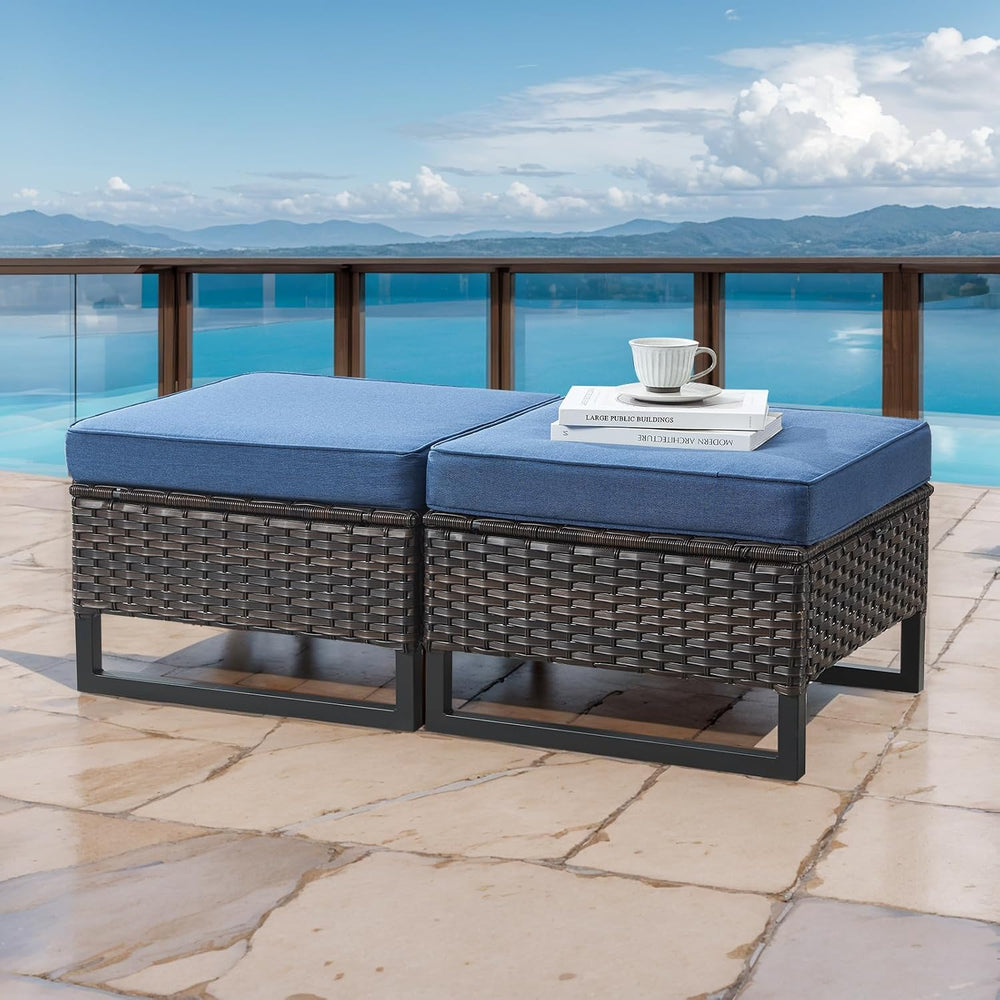 HUMMUH Outdoor Ottomans for Patio Set of 2 PE Wicker Outdoor Footstool with R...