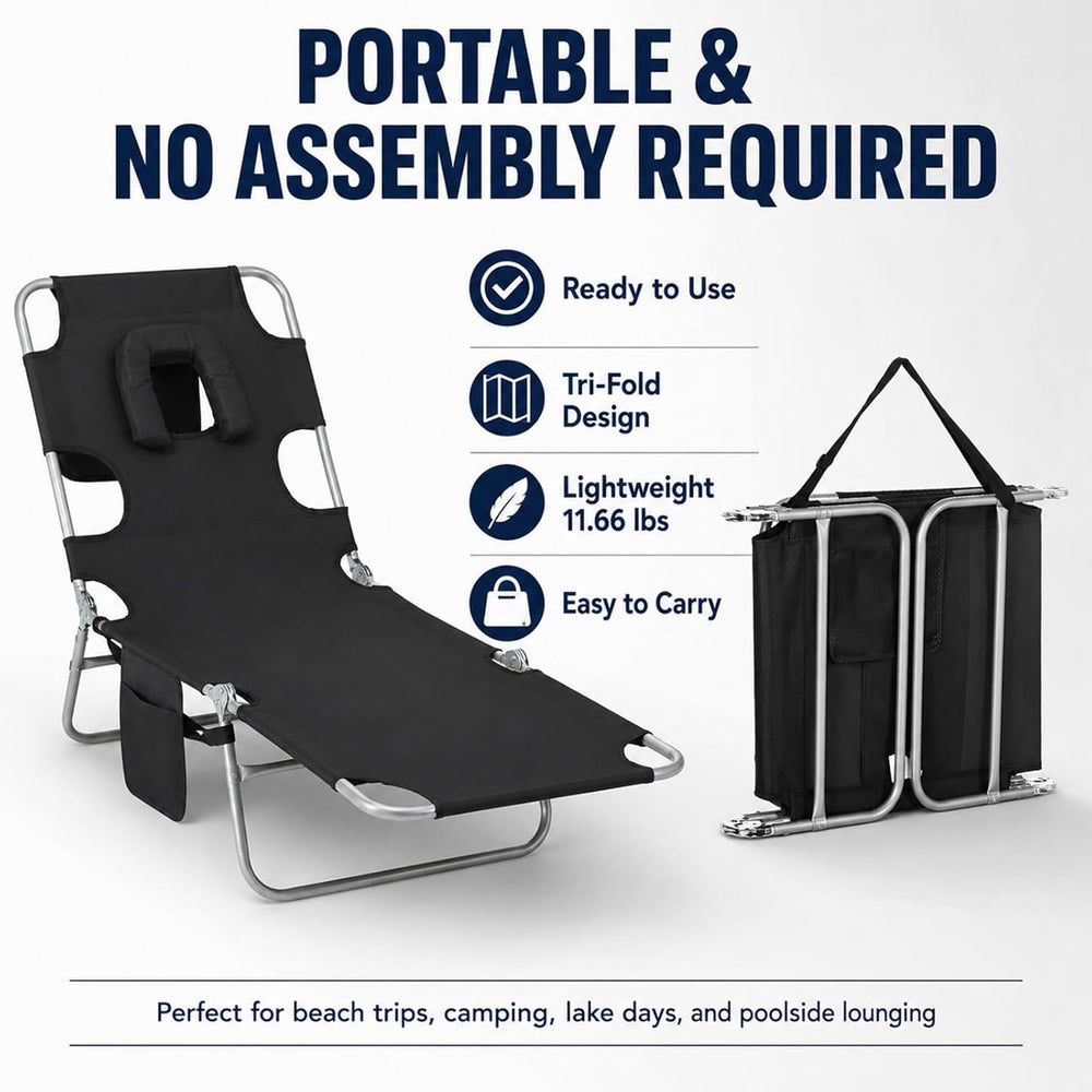 Tanning Chair, Folding Beach Lounge Chair with Face Hole and Arm Slots, 5-Pos...