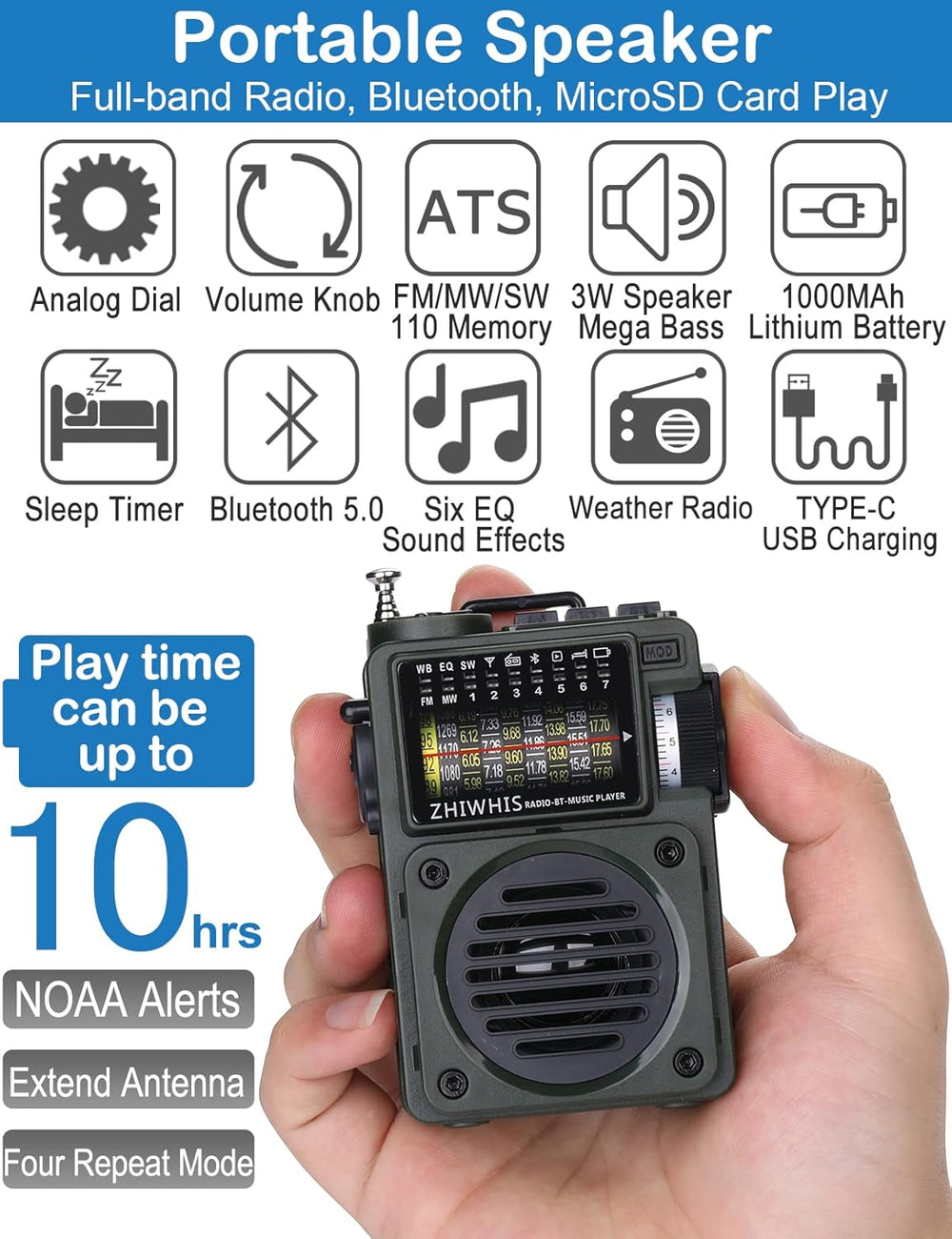 ZHIWHIS Shortwave Radio with Bluetooth, Portable Radio with Sleep Timer, Weat...
