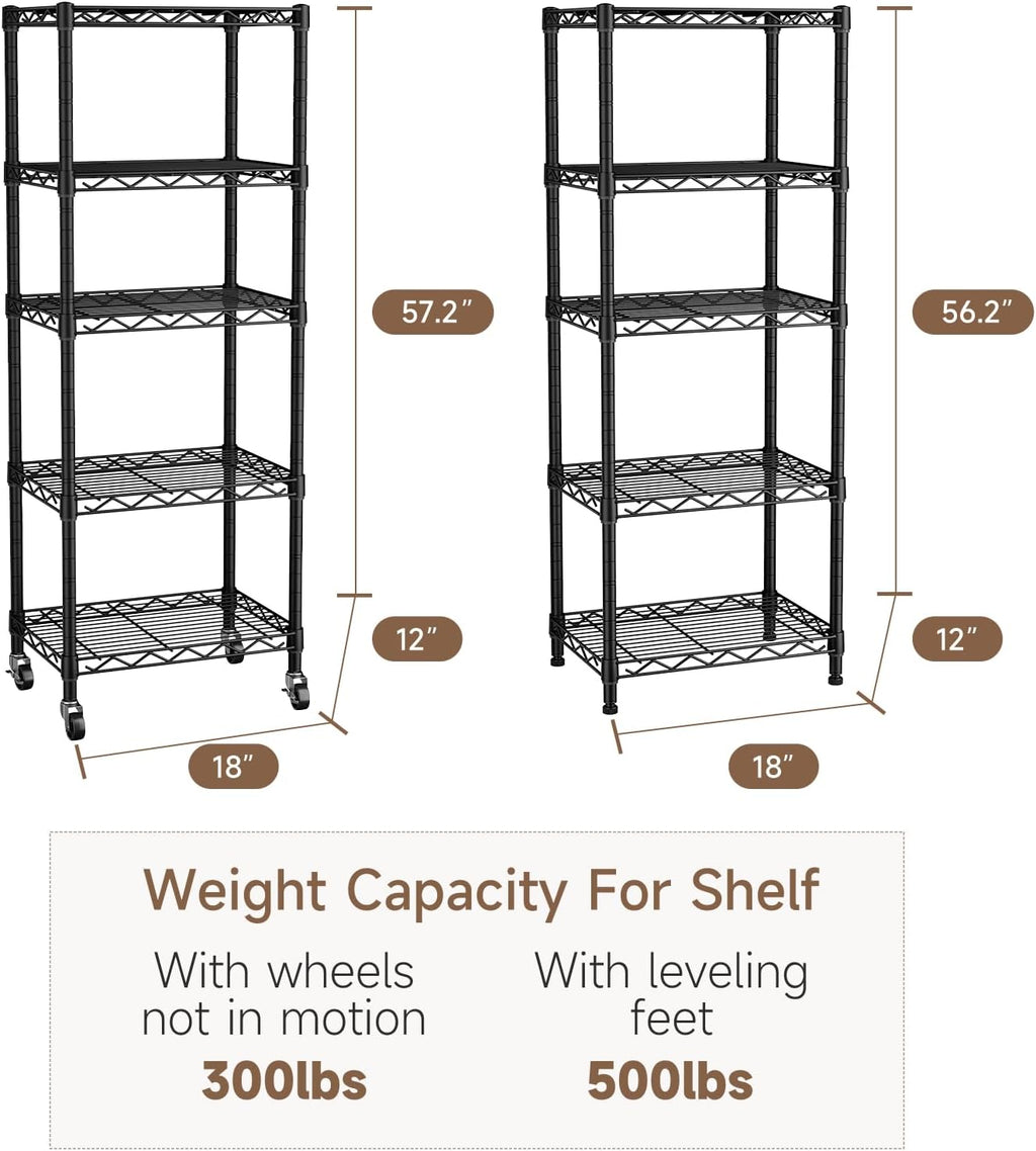 Small 5 Tier Shelves Storage Wire Shelving Unit Metal Shelf Adjustable Organizers Storage Shelving with Wheels for Bathroom Laundry Room Kitchen Pantry12”D x 18”W x 57.2”H Black