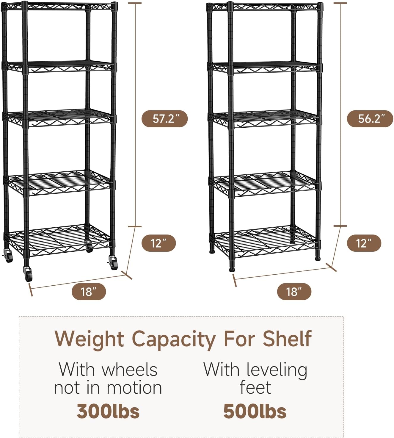 Small 5 Tier Shelves Storage Wire Shelving Unit Metal Shelf Adjustable Organizers Storage Shelving with Wheels for Bathroom Laundry Room Kitchen Pantry12”D x 18”W x 57.2”H Black