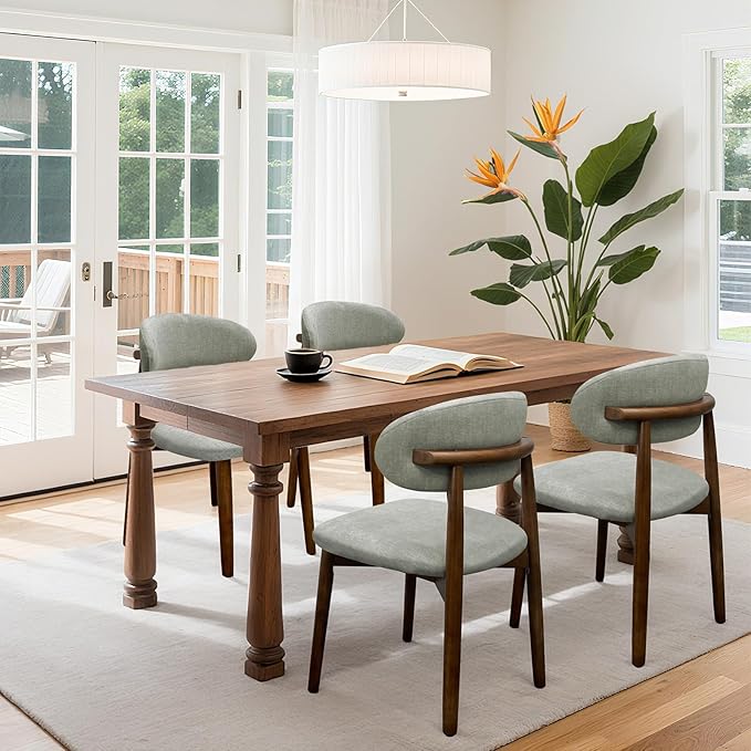 Farmhouse Dining Chairs Set of 4, Mid Century Modern Wooden Dining Room Chairs, Farmhouse Fabric Upholstered Kitchen Dinner Chairs for Living Room Restaurant Cafe, Walnut/Laurel Green