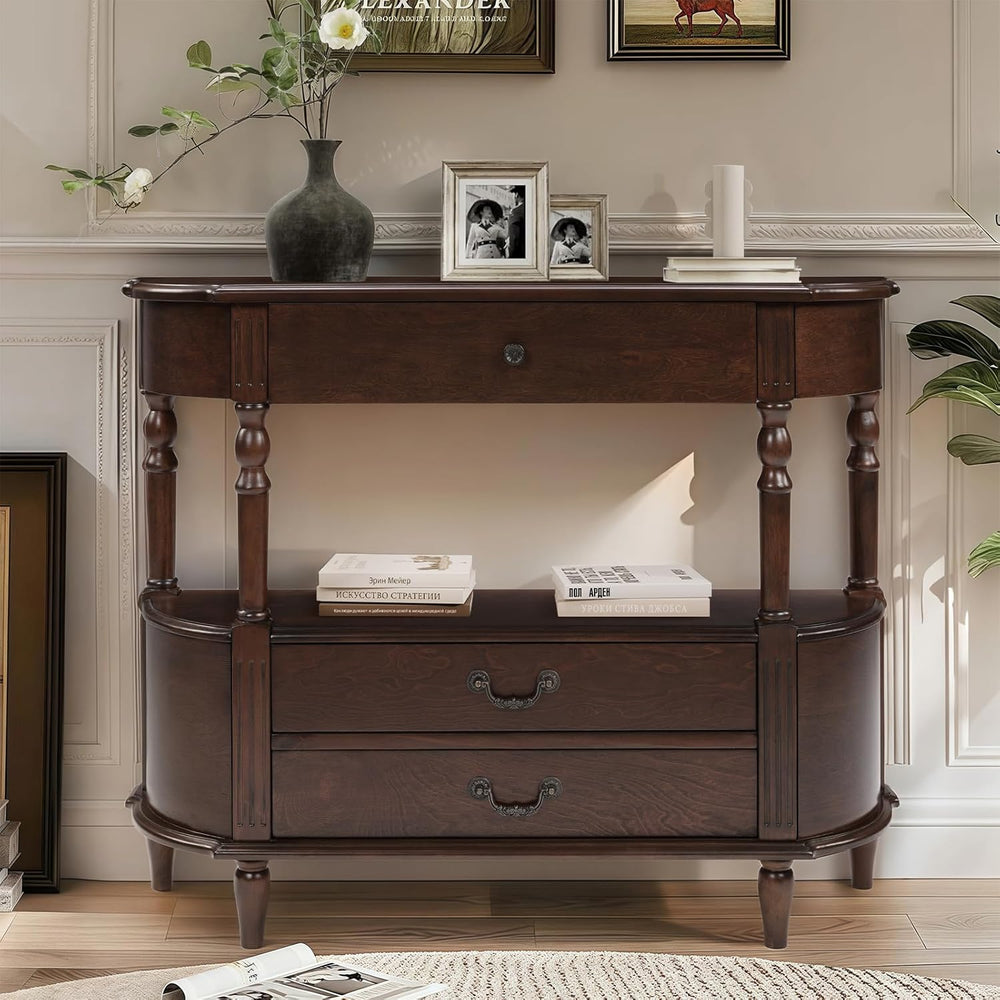 LKTART 43" Half Moon Console Table, Solid Wood Retro Curved Console Tabl...