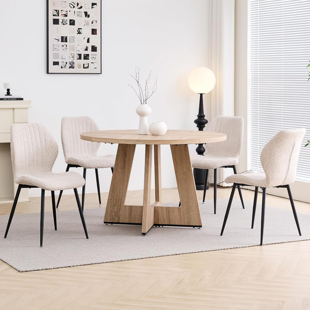47" Round Dining Table Set for 4, Kitchen Table and Chairs | Wooden Cross Base, Boucle Fabric Chair, for Apartment
