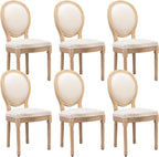 French Country Dining Chairs Set of 6,Farmhouse Upholstered Dining Room Chairs with Round Back and Solid Leg,Fabric Kitchen Side Chairs for Kitchen/Bedroom/Dining Room,Beige