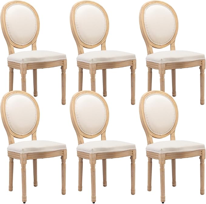 French Country Dining Chairs Set of 6,Farmhouse Upholstered Dining Room Chairs with Round Back and Solid Leg,Fabric Kitchen Side Chairs for Kitchen/Bedroom/Dining Room,Beige
