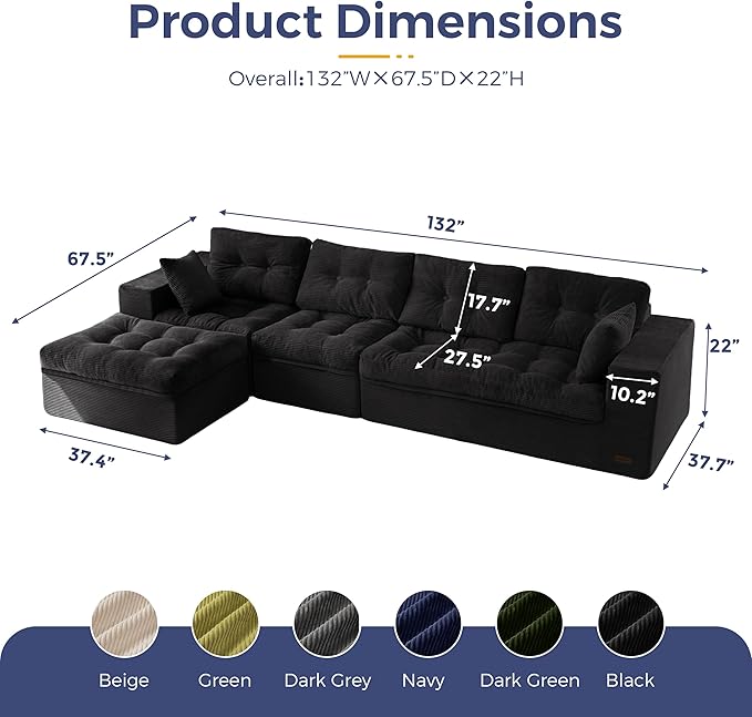 MAXYOYO 132" L Shaped Modular Sectional Sofa with Ottoman, Cloud Boneless Couch with Layered Cushion, Upholstered Sofa in a Box, Flexible Module Combination for Living Room, No Assembly, Black