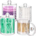 ME.FAN Qtip Holder Dispenser - 4 Pack 10oz, 12oz Clear Plastic Apothecary Jars Set - Restroom Bathroom Makeup Organizers Containers for Cotton Ball/Swab/Round Pads, Floss, Hair Ties, Bath Salt