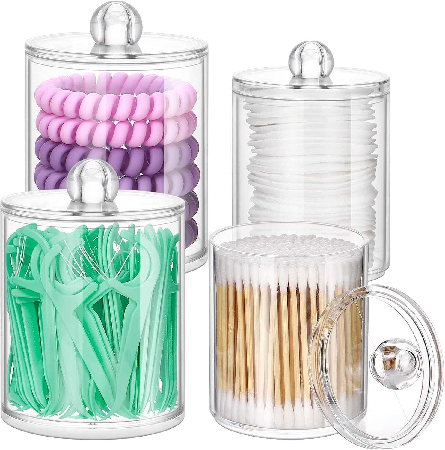 ME.FAN Qtip Holder Dispenser - 4 Pack 10oz, 12oz Clear Plastic Apothecary Jars Set - Restroom Bathroom Makeup Organizers Containers for Cotton Ball/Swab/Round Pads, Floss, Hair Ties, Bath Salt