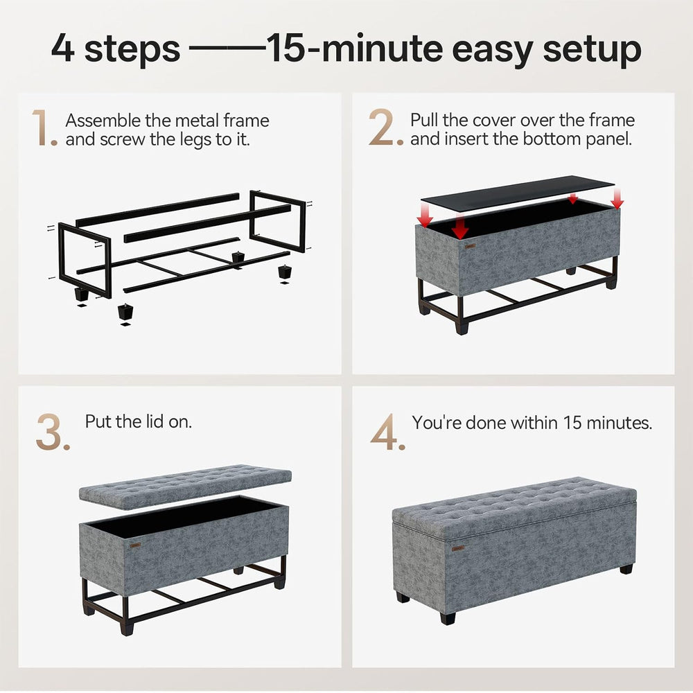ABHENG Chenille Storage Ottoman Bench with Legs, 43.5”W x 15.7”D x 15.7”H,Met...