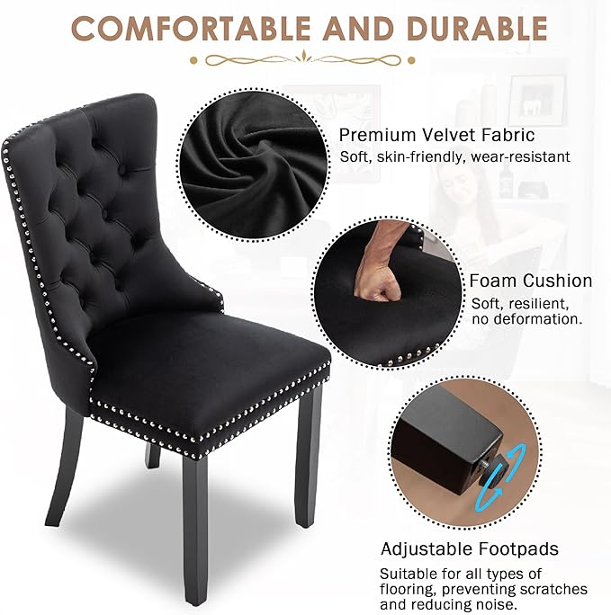 Kiztir Velvet Dining Chairs Set of 4, Upholstered Dining Room Chairs with Ring Pull Trim and Button Back, Luxury Tufted Dining Chairs for Living Room, Bedroom, Kitchen (Black)