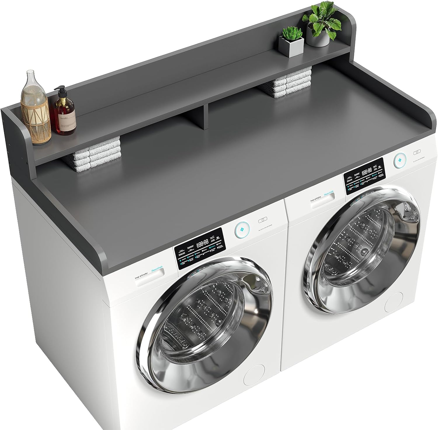 2-Tier Washer Dryer Countertop with 2.75" H Edge Rails, 58" W x 28" D Laundry Countertop for Folding Clothes, Washer and Dryer Topper with Non-Slip Pad (Gray)