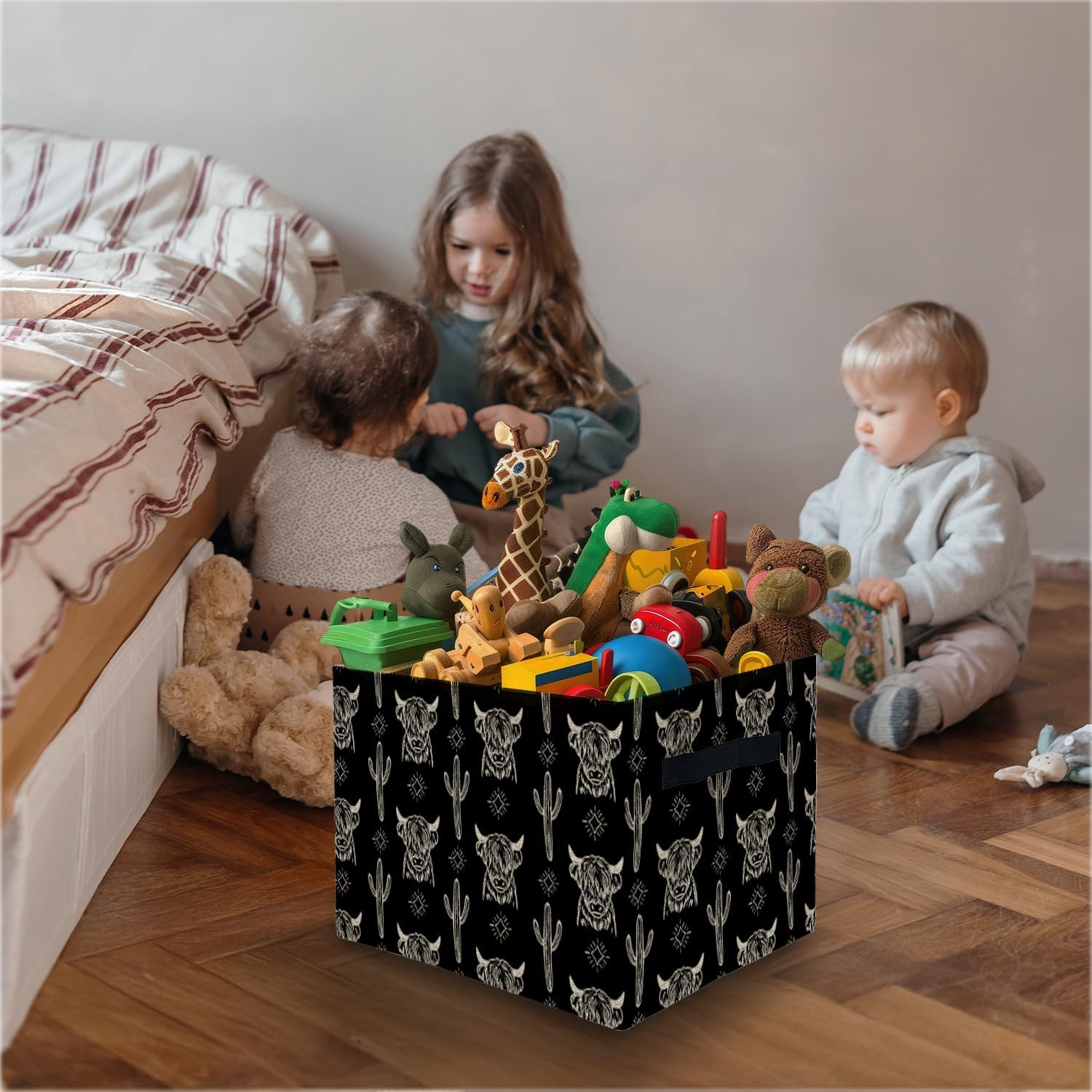 Highland Cow Western Storage Bins Box, Toybox for Boys Girls, Vintage Western Cactus Cow Foldable Storage Baskets Organizer for Bedroom Bathroom Kids Room Dorm Clothes Toys Books