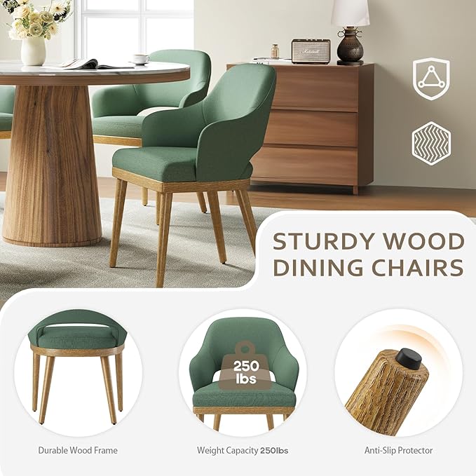 Wooden Dining Chairs Set of 2, Modern Fabric Upholstered Dining Room Chair, Kitchen Side Chairs, Farmhouse Dinner Chair with Open Back for Kitchen, Green