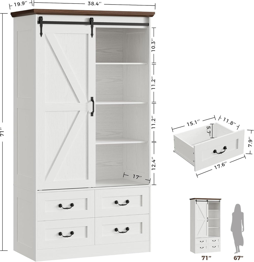 IRONCK Armoire Wardrobe Closet with 4 Drawers, Sliding Barn Doors, White