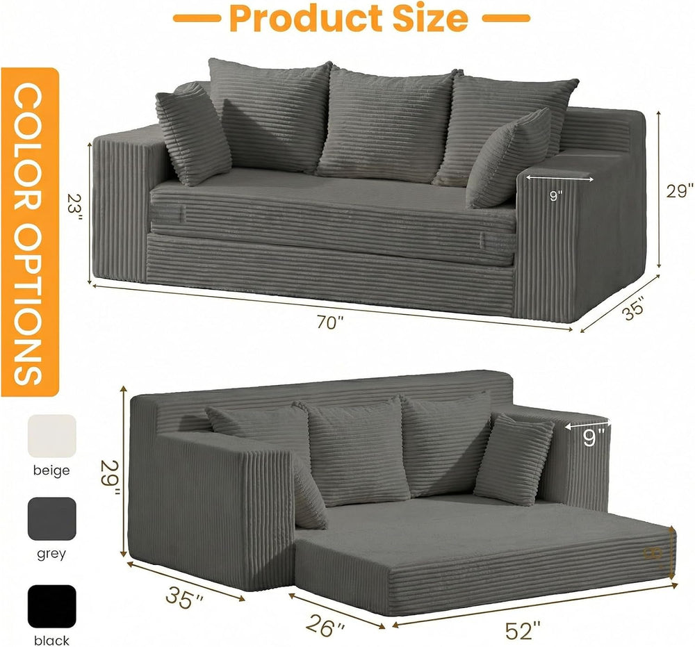 Oversized Loveseat, 3 Seater Pull Out Convertible Sofa Bed, 70" Gray Cou...