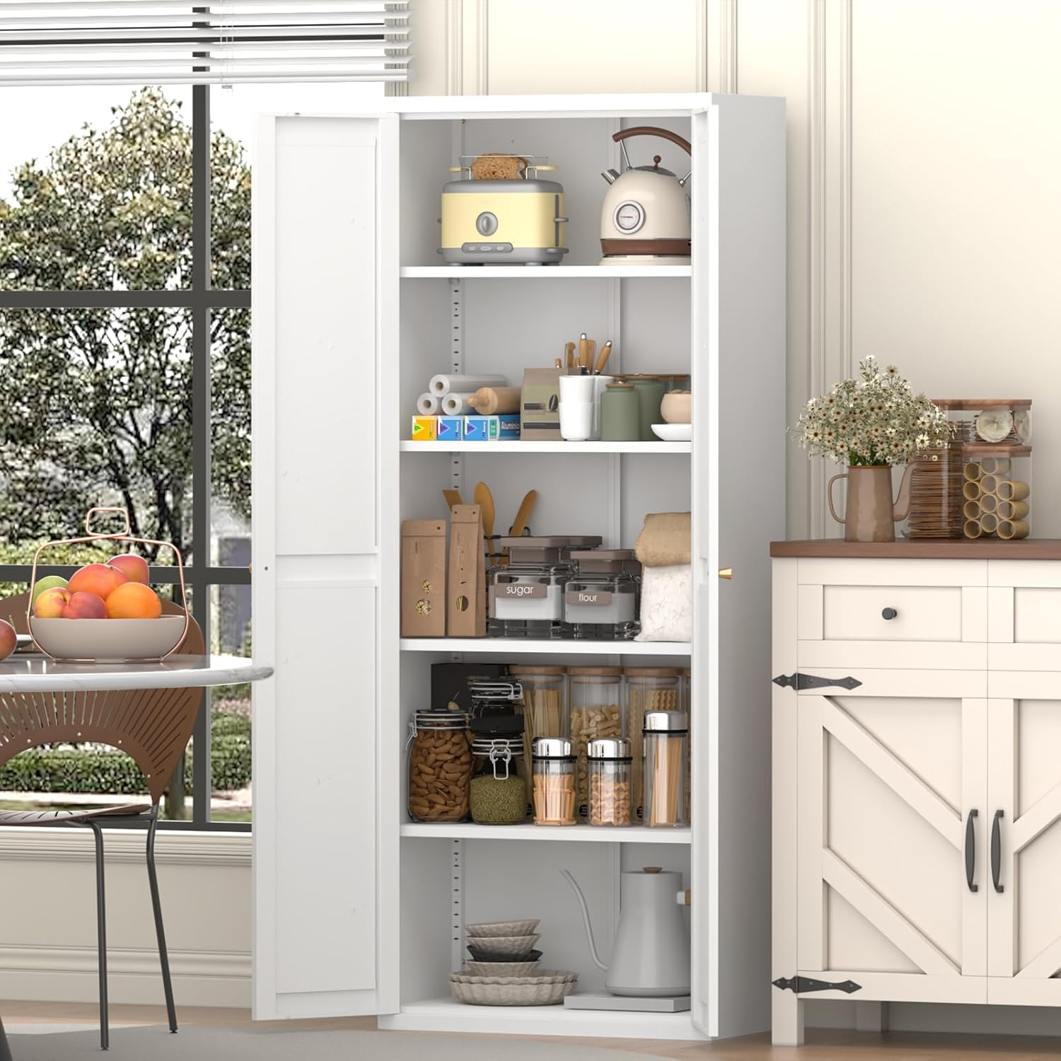 71" Tall Kitchen Pantry Storage Cabinet, 2 Doors Metal Food Pantry Cabinets, Kitchen Storage Cabinet with Adjustable Shelves Tfreestanding Pantry Cupboard for Dining Room (White)