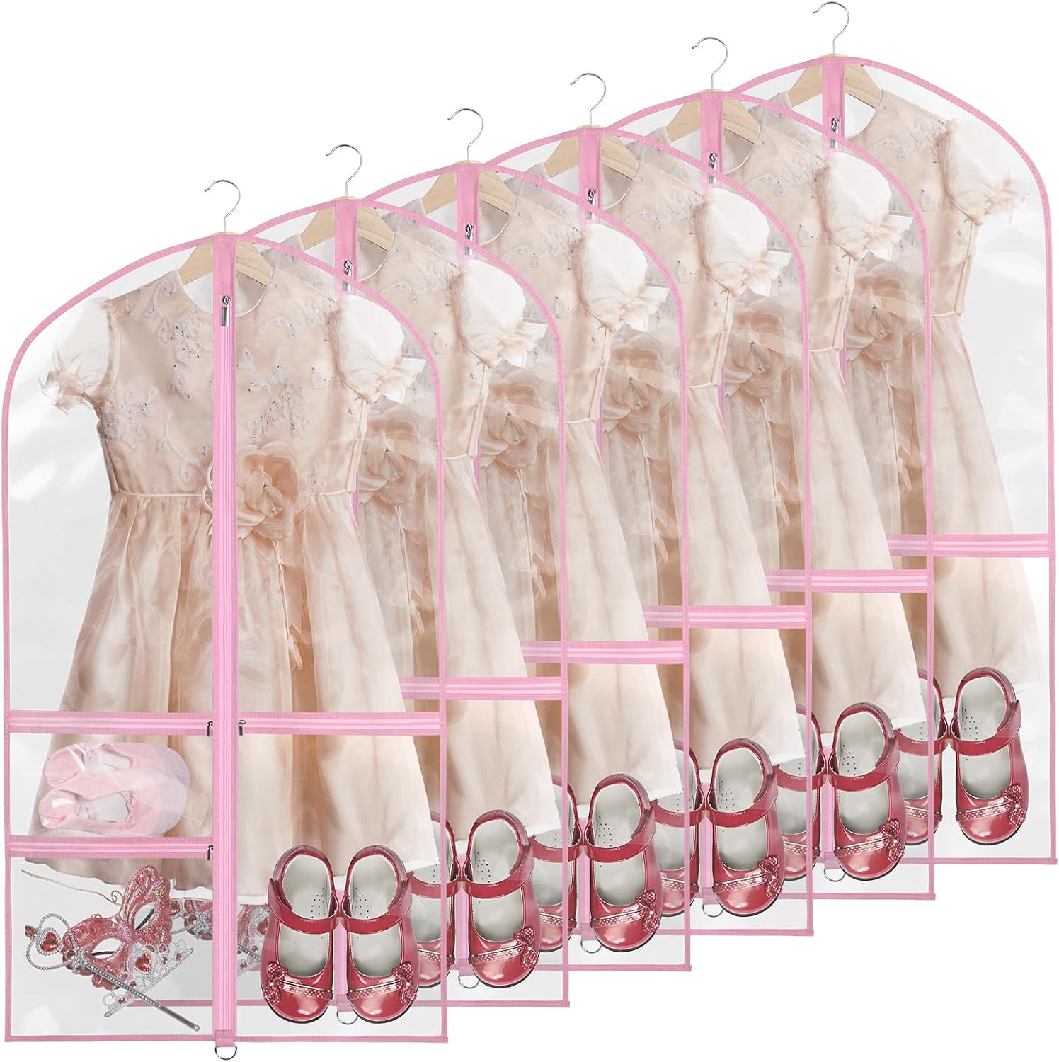 Clear Garment Bags for Dance Costumes, 40” Dance Garment Bags for Dancers, Kids Garment Bag for Dance Competitions with 3 Zipper Pockets, Garment Bags for Hanging Clothes, 6 Pack, Pink