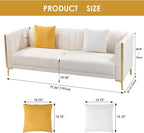 FOTOSOK White Leather Couch Sofa, Office Couches 78'' Apartment Faux Leather Sofa with 2 Throw Pillows & Gold Metal Legs, Waterproof 3 Seater Couches for Small Living Room, Luxury Cloud Sofa