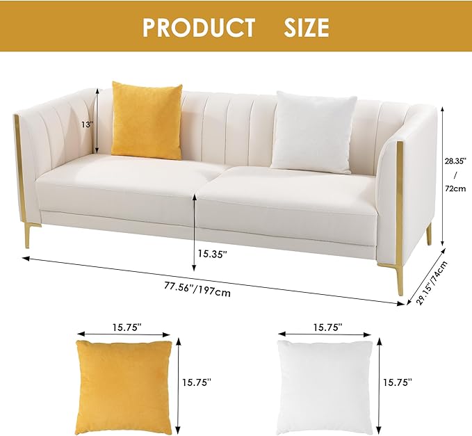 FOTOSOK White Leather Couch Sofa, Office Couches 78'' Apartment Faux Leather Sofa with 2 Throw Pillows & Gold Metal Legs, Waterproof 3 Seater Couches for Small Living Room, Luxury Cloud Sofa