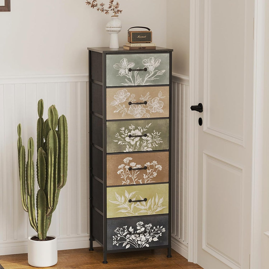 Tohomeor Vintage Dresser Vertical Nightstand with Neutral Botanical Plant Fabric Chest Drawers for Closet Bathroom Storage Tower Unit Bed Side Organizer Farmhouse Rustic (Multi, 6 Drawers)