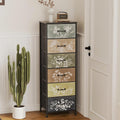 Tohomeor Vintage Dresser Vertical Nightstand with Neutral Botanical Plant Fabric Chest Drawers for Closet Bathroom Storage Tower Unit Bed Side Organizer Farmhouse Rustic (Multi, 6 Drawers)