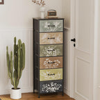 Tohomeor Vintage Dresser Vertical Nightstand with Neutral Botanical Plant Fabric Chest Drawers for Closet Bathroom Storage Tower Unit Bed Side Organizer Farmhouse Rustic (Multi, 6 Drawers)