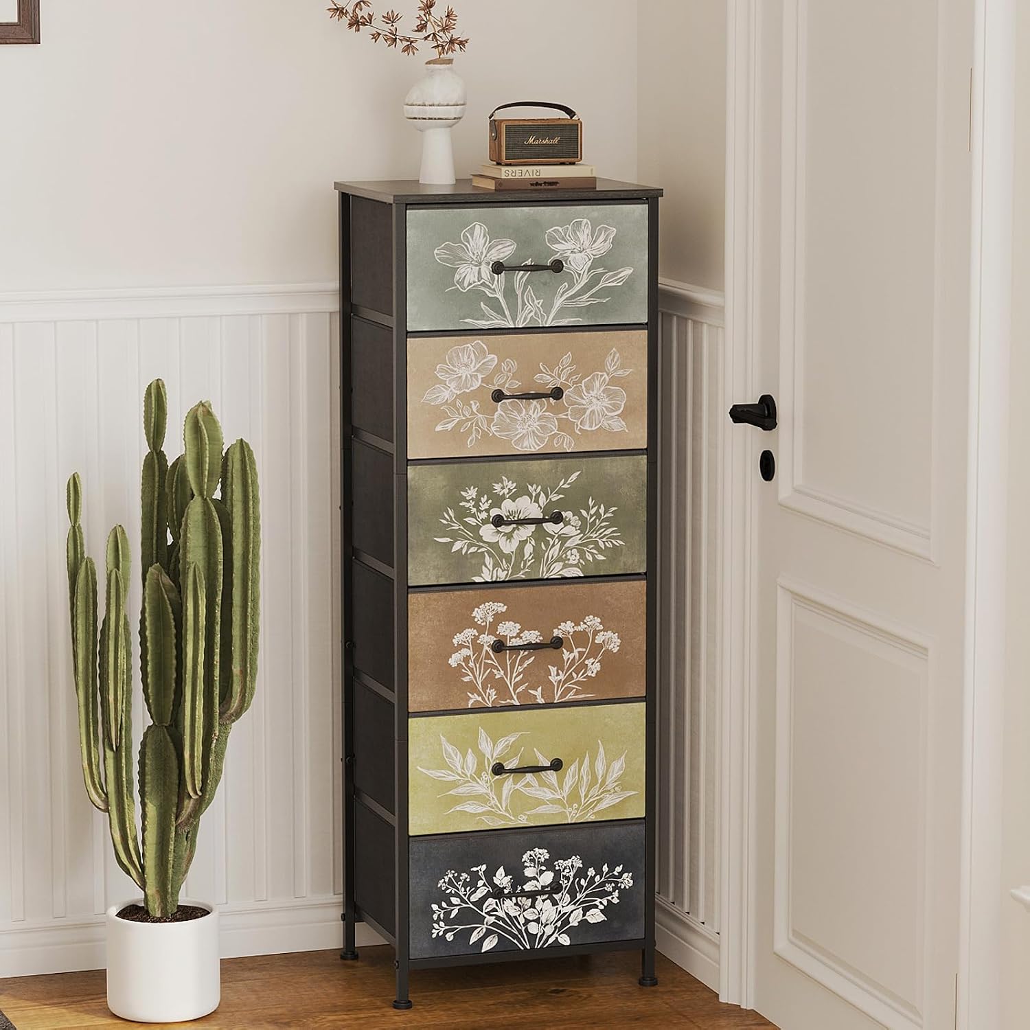 Tohomeor Vintage Dresser Vertical Nightstand with Neutral Botanical Plant Fabric Chest Drawers for Closet Bathroom Storage Tower Unit Bed Side Organizer Farmhouse Rustic (Multi, 6 Drawers)