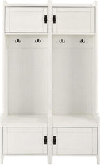 Crosley Furniture Fremont 2-Piece Hall Tree Entryway Set with Storage Cabinets and Coat Rack Hooks, Distressed White