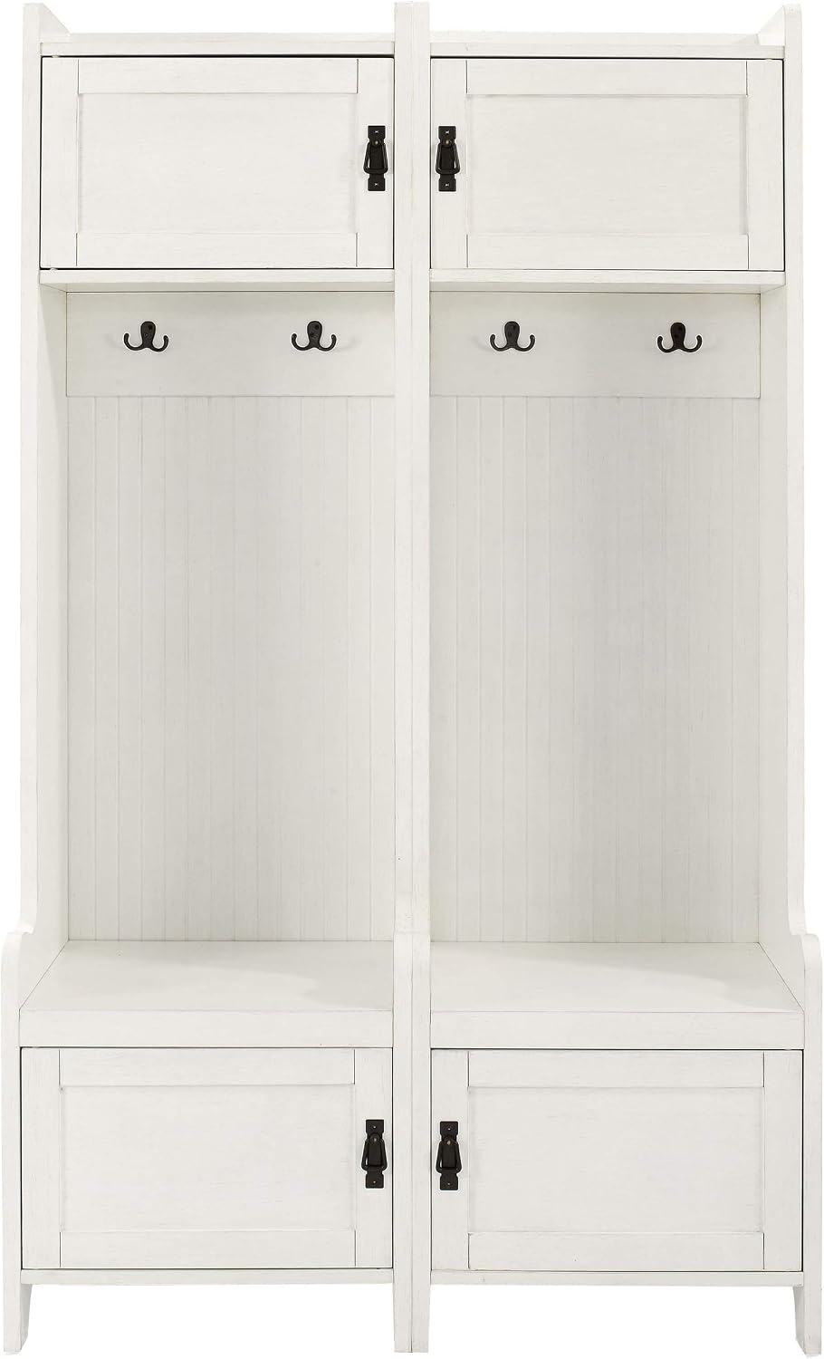 Crosley Furniture Fremont 2-Piece Hall Tree Entryway Set with Storage Cabinets and Coat Rack Hooks, Distressed White