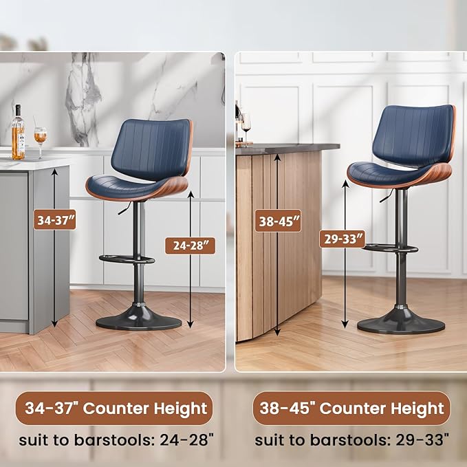 Swivel Bar Stools Set of 1, Adjustable Bentwood Barstools for Kitchen Counter, Modern PU Leather Upholstered Bar Chair with Back and Footrest, for Kitchen Island, Bar, Dining Room, Navy