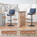 Swivel Bar Stools Set of 1, Adjustable Bentwood Barstools for Kitchen Counter, Modern PU Leather Upholstered Bar Chair with Back and Footrest, for Kitchen Island, Bar, Dining Room, Navy