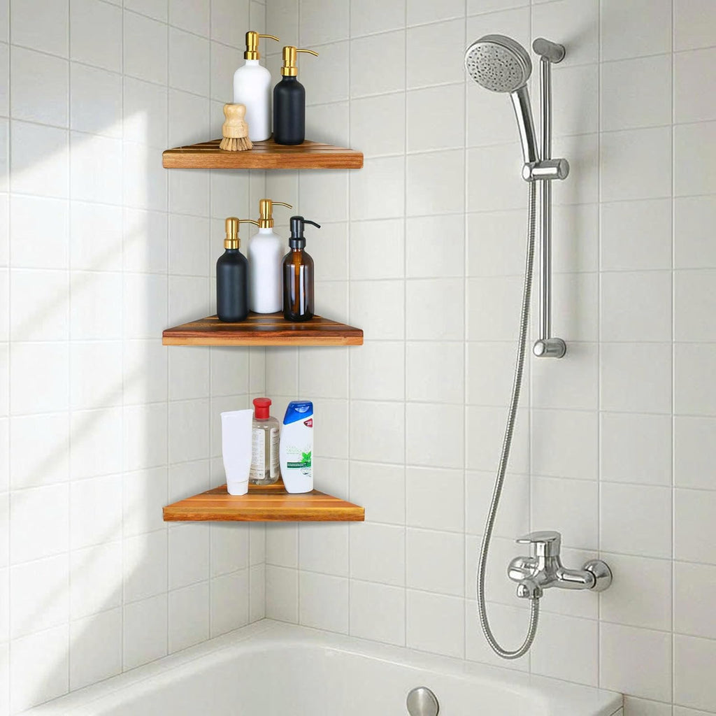 ENKEZI Acacia 2,3 Tiers Corner Shower Shelf, Triangular Corner Shelf Wooden Bathroom Shelf for Tiled Wall, Shower Corner Shelf, No Drilling Requied (3)