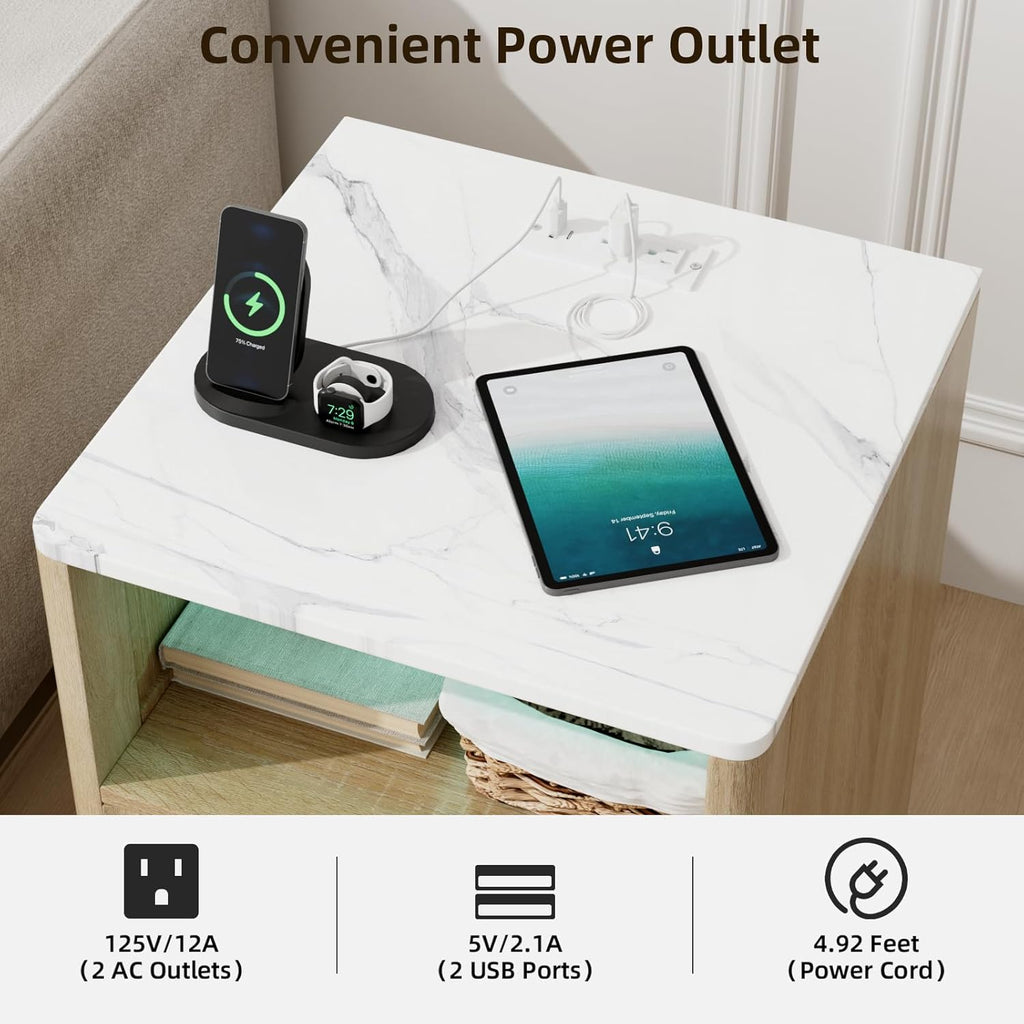 VOWNER Fluted Nightstand with Charging Station, 18” Night Stand with 2 Drawers, Faux Marble Top End Table with Storage Shelf, Curved Profile Side Table, Bedside Table for Bedroom Living Room, Oak