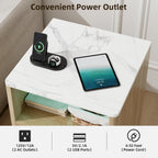 VOWNER Fluted Nightstand with Charging Station, 18” Night Stand with 2 Drawers, Faux Marble Top End Table with Storage Shelf, Curved Profile Side Table, Bedside Table for Bedroom Living Room, Oak