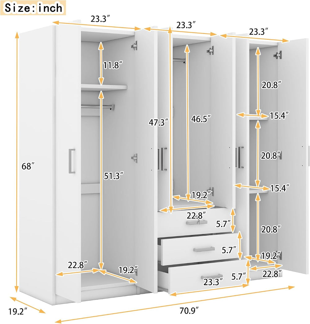 Merax Large White 6 Doors Wooden Wardrobe, Bedroom Tall Armoire Closet Organi...