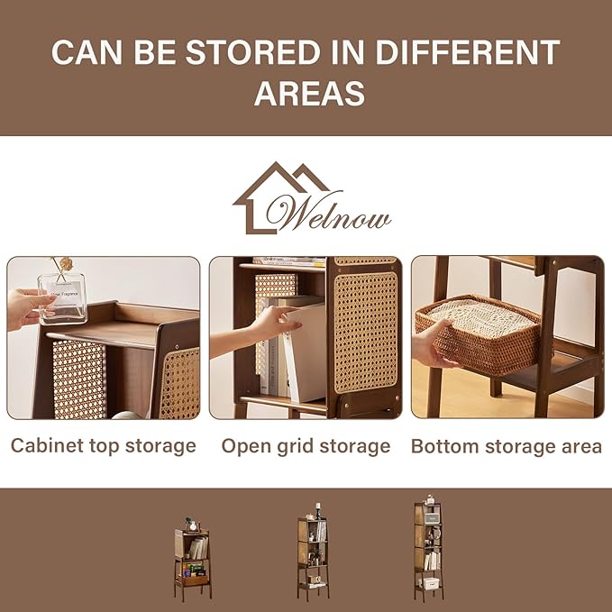 Welnow Bamboo Rattan Bookcase with Cabinet, 1-Tier Storage Shelf with Side Ta...