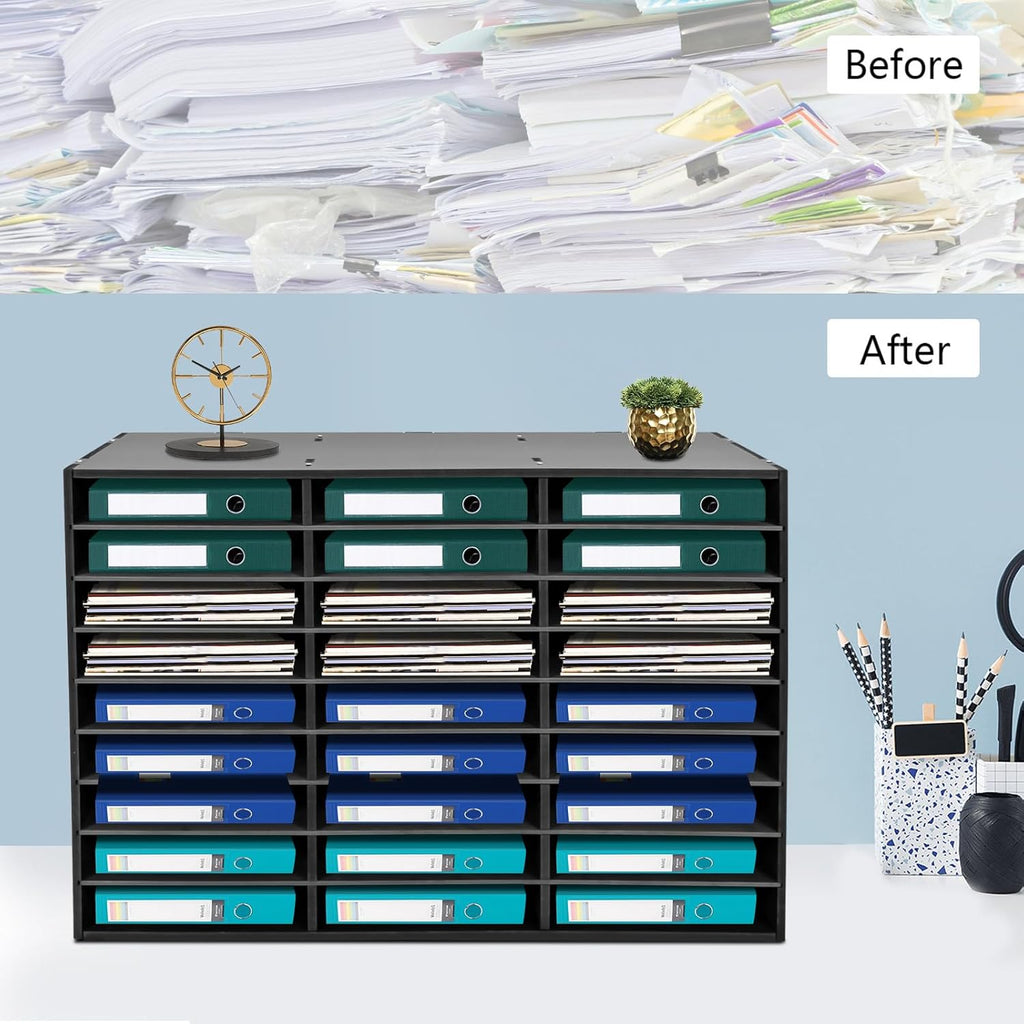 27 Compartments Literature Organizer, Desktop File Sorter Mail Center Paper Storage Cabinet Classroom Mailbox for Files Documents Papers Magazines(White) (Black 27Slots 1)