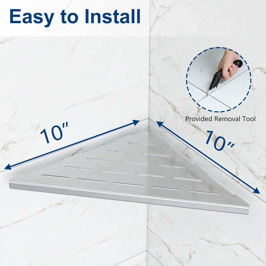 Corner Shower Shelves, 10” Recessed Tile Shower Shelf, 304 Stainless Steel Grout in Corner Tile Shower Shelves, No Drilling, Brushed Nickel, 2 Pack